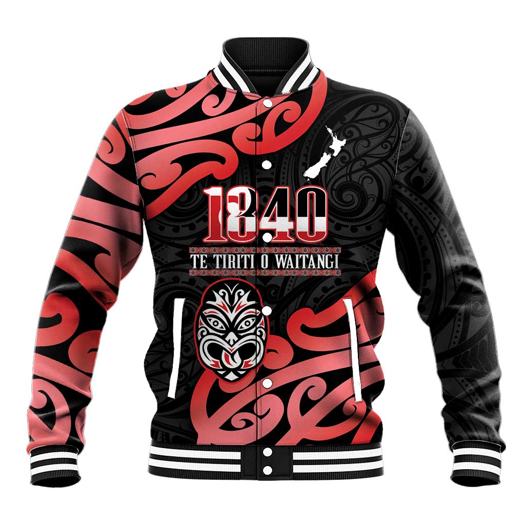 New Zealand 1840 Waitangi Day Baseball Jacket Aotearoa Haka Mask - Red Version LT14 Unisex Red - Polynesian Pride