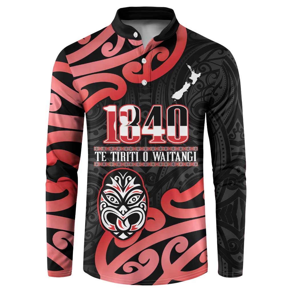 New Zealand 1840 Waitangi Day Button Sweatshirt Aotearoa Haka Mask - Red Version LT14 Red - Polynesian Pride