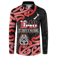New Zealand 1840 Waitangi Day Button Sweatshirt Aotearoa Haka Mask - Red Version LT14 Red - Polynesian Pride