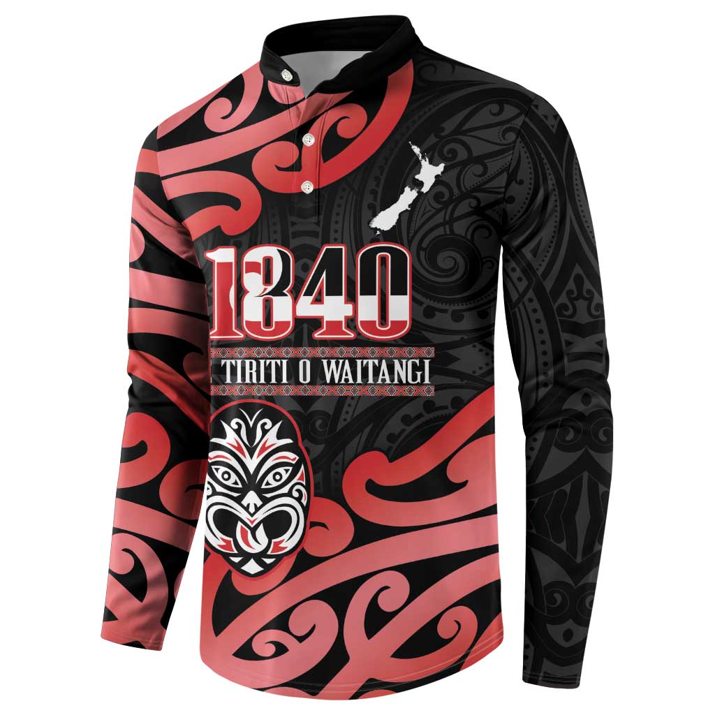 New Zealand 1840 Waitangi Day Button Sweatshirt Aotearoa Haka Mask - Red Version LT14 - Polynesian Pride