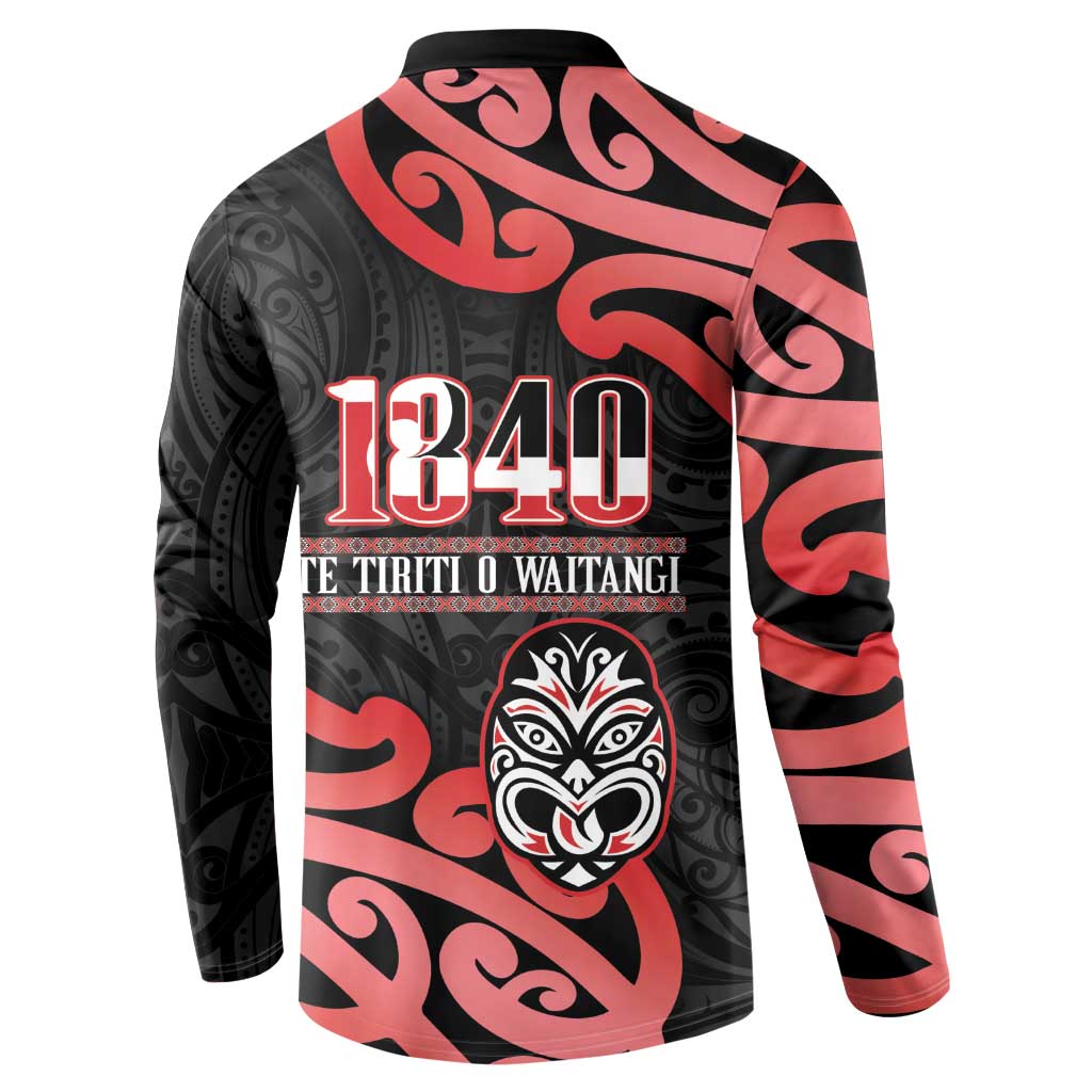 New Zealand 1840 Waitangi Day Button Sweatshirt Aotearoa Haka Mask - Red Version LT14 - Polynesian Pride