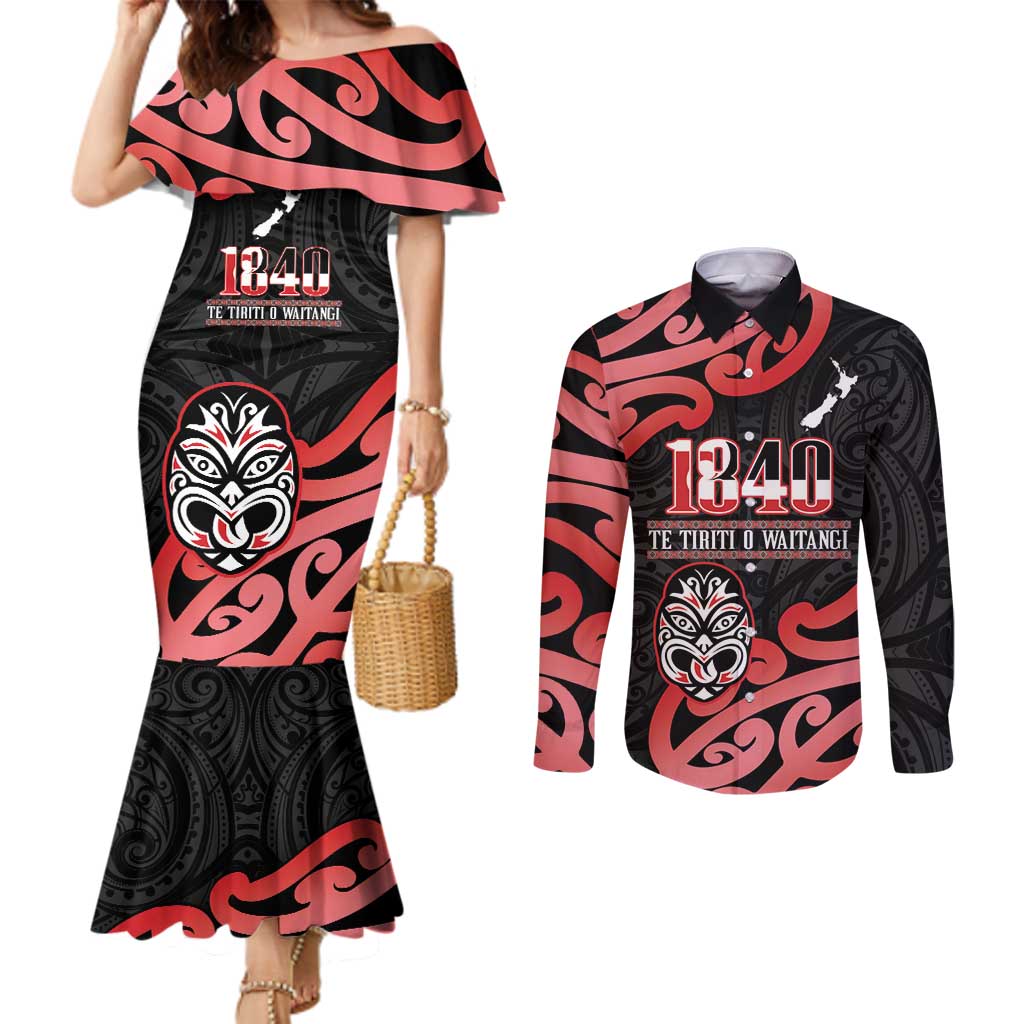 New Zealand 1840 Waitangi Day Couples Matching Mermaid Dress and Long Sleeve Button Shirt Aotearoa Haka Mask - Red Version LT14 Red - Polynesian Pride