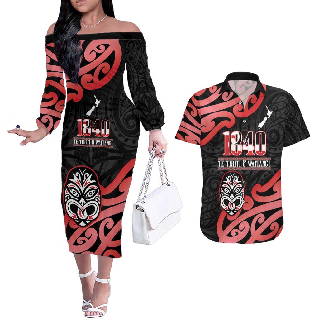 New Zealand 1840 Waitangi Day Couples Matching Off The Shoulder Long Sleeve Dress and Hawaiian Shirt Aotearoa Haka Mask - Red Version