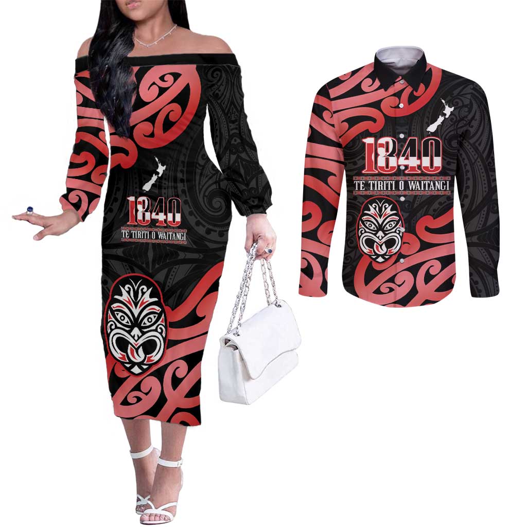 New Zealand 1840 Waitangi Day Couples Matching Off The Shoulder Long Sleeve Dress and Long Sleeve Button Shirt Aotearoa Haka Mask - Red Version LT14 Red - Polynesian Pride