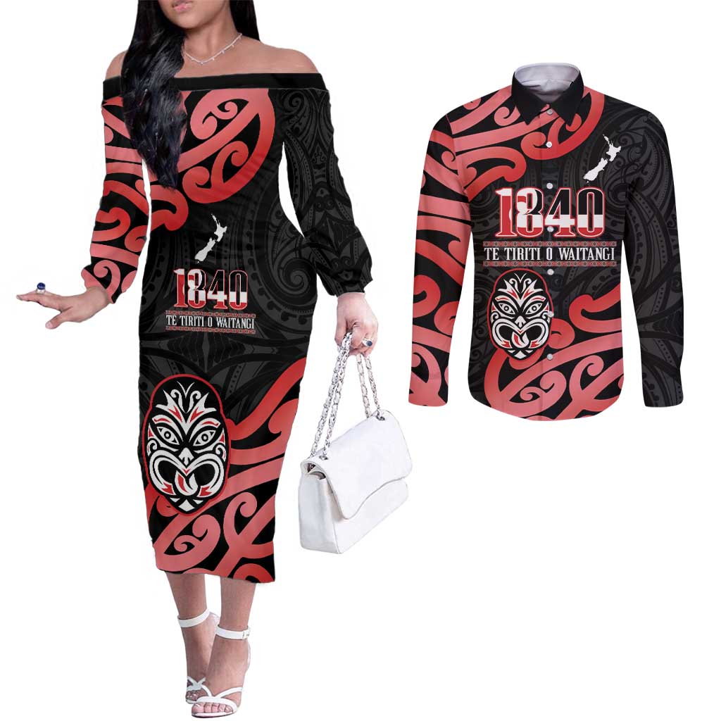 New Zealand 1840 Waitangi Day Couples Matching Off The Shoulder Long Sleeve Dress and Long Sleeve Button Shirt Aotearoa Haka Mask - Red Version