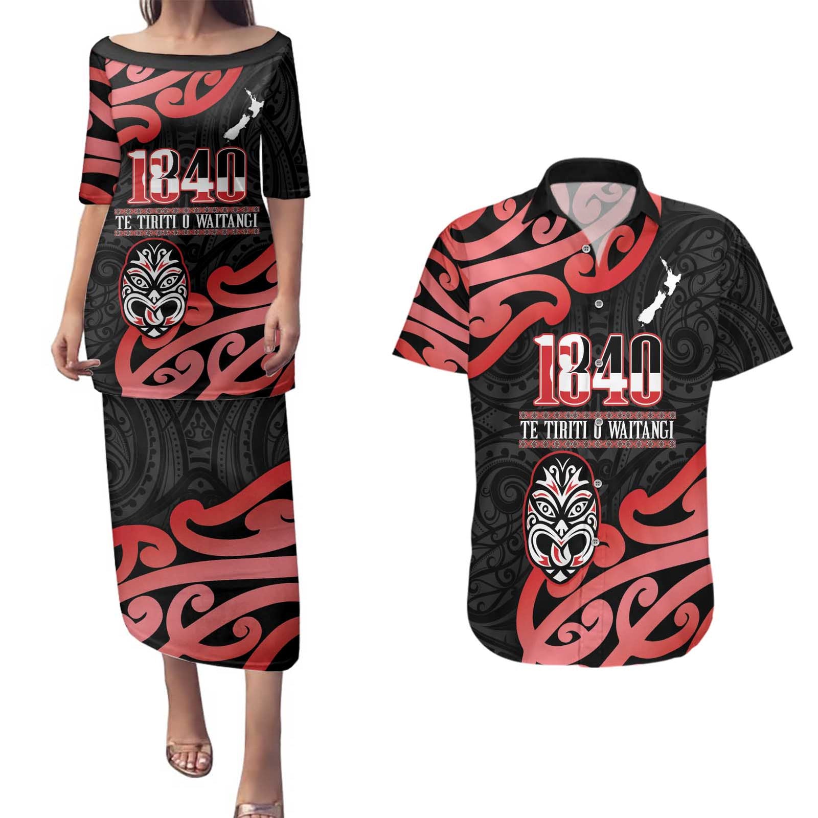 New Zealand 1840 Waitangi Day Couples Matching Puletasi and Hawaiian Shirt Aotearoa Haka Mask - Red Version LT14 Red - Polynesian Pride