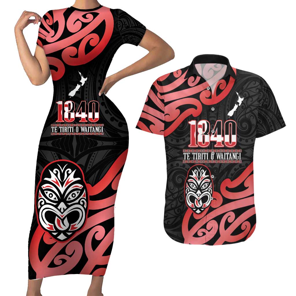 New Zealand 1840 Waitangi Day Couples Matching Short Sleeve Bodycon Dress and Hawaiian Shirt Aotearoa Haka Mask - Red Version LT14 Red - Polynesian Pride