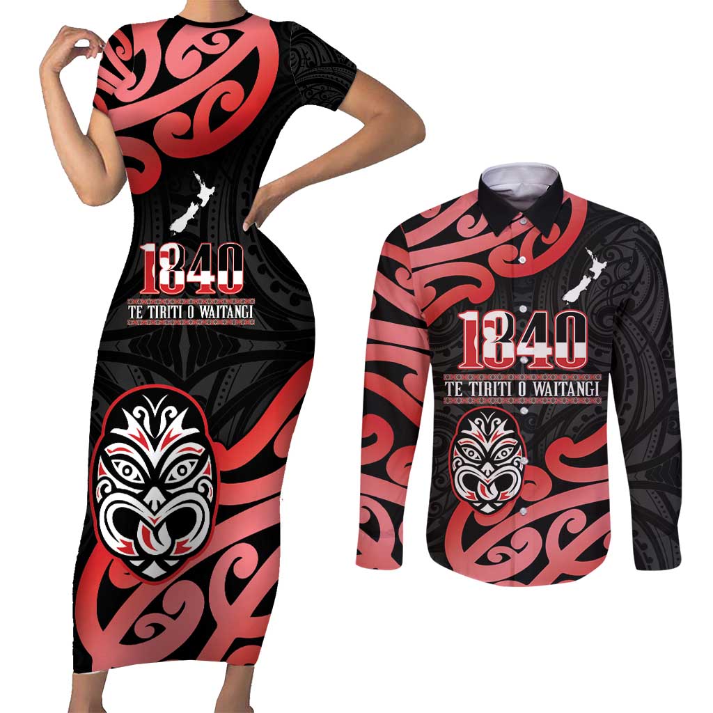 New Zealand 1840 Waitangi Day Couples Matching Short Sleeve Bodycon Dress and Long Sleeve Button Shirt Aotearoa Haka Mask - Red Version