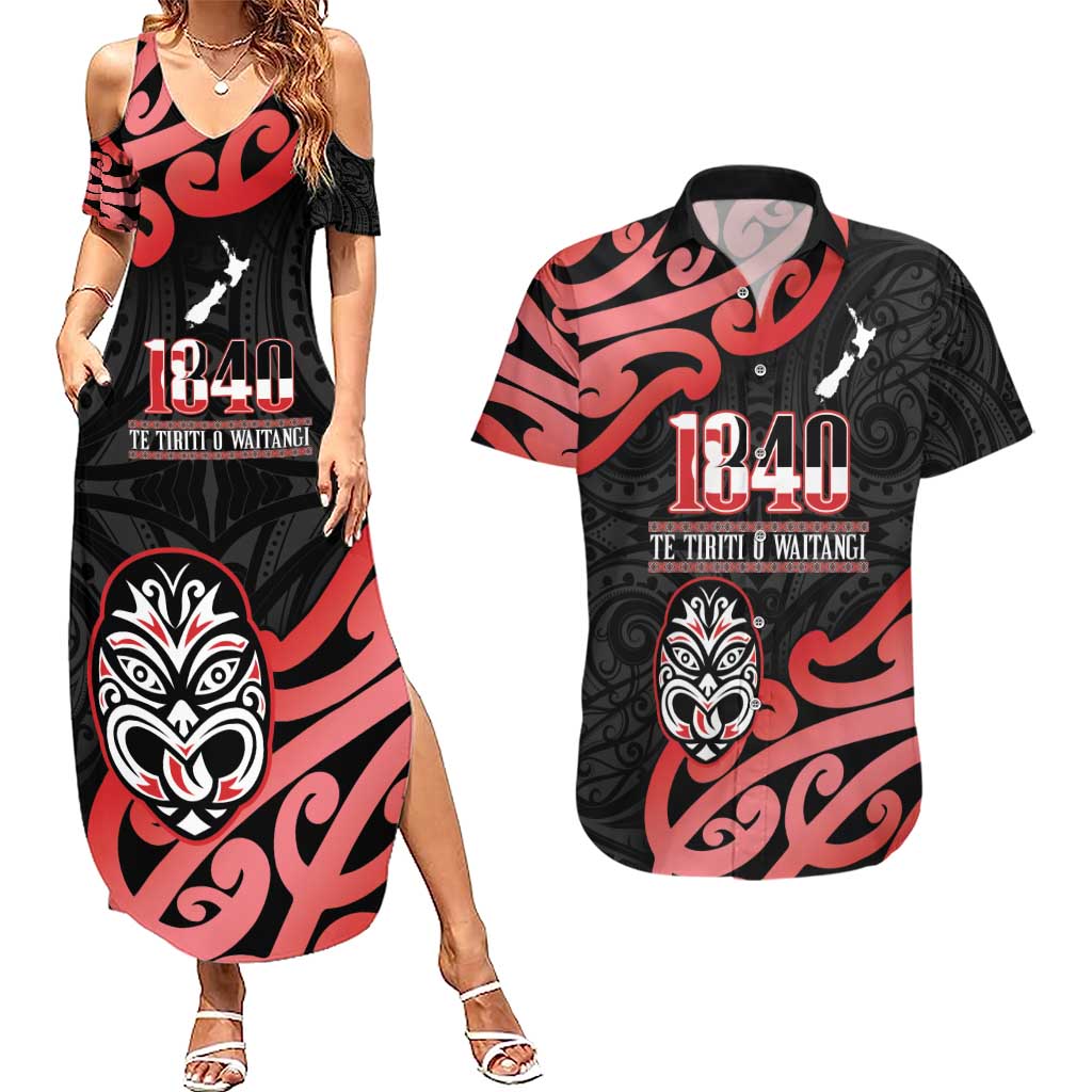 New Zealand 1840 Waitangi Day Couples Matching Summer Maxi Dress and Hawaiian Shirt Aotearoa Haka Mask - Red Version