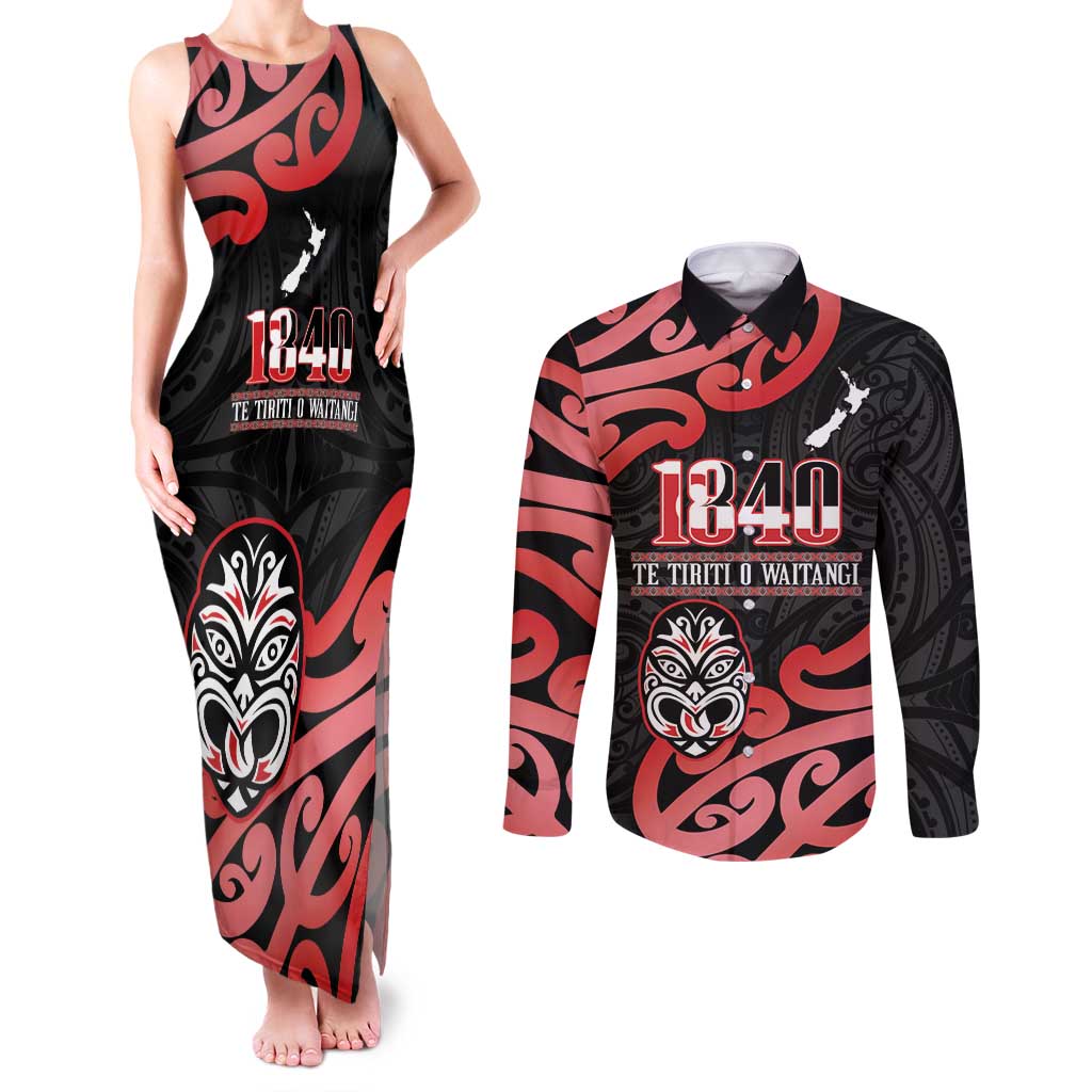 New Zealand 1840 Waitangi Day Couples Matching Tank Maxi Dress and Long Sleeve Button Shirt Aotearoa Haka Mask - Red Version