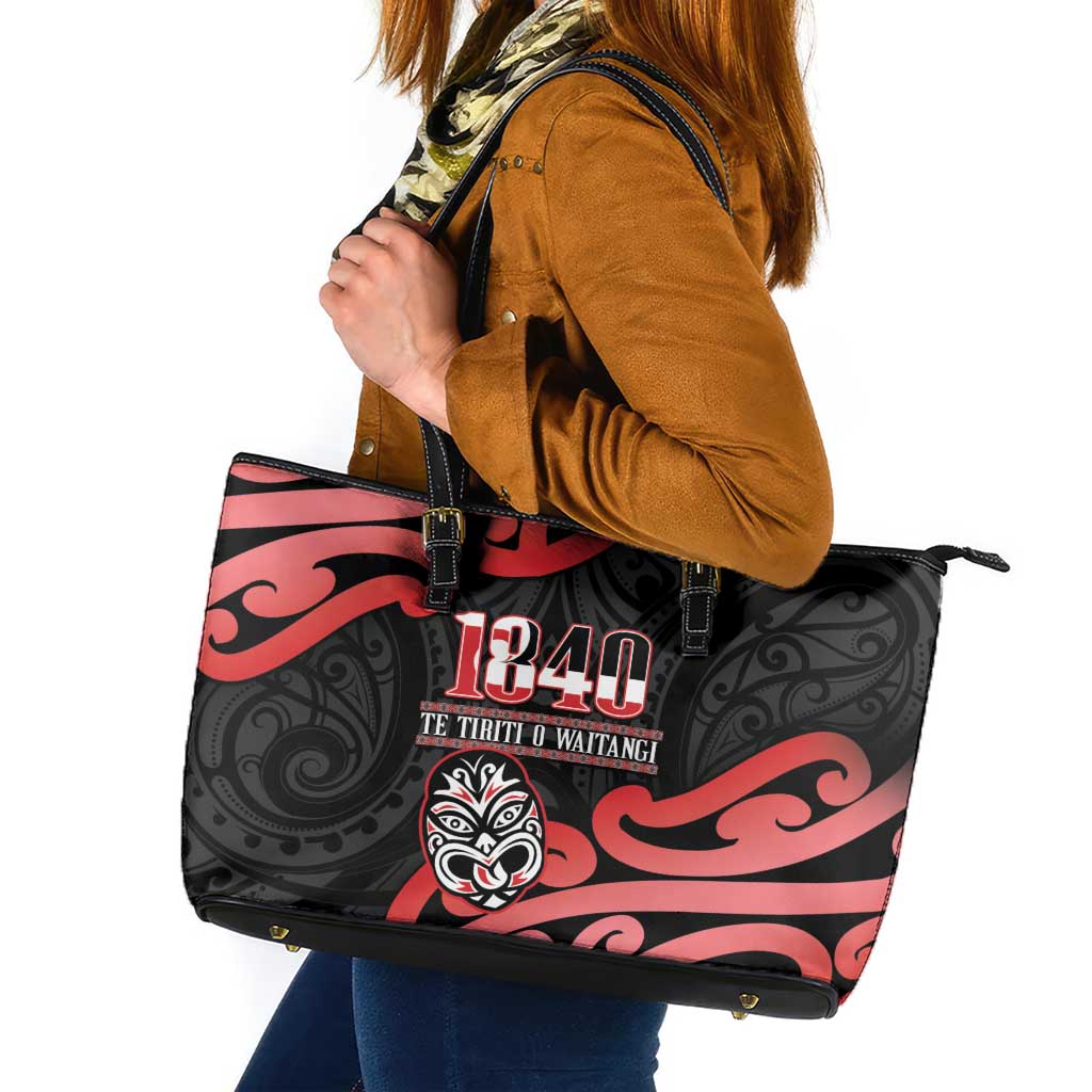 New Zealand 1840 Waitangi Day Leather Tote Bag Aotearoa Haka Mask - Red Version LT14 Red - Polynesian Pride