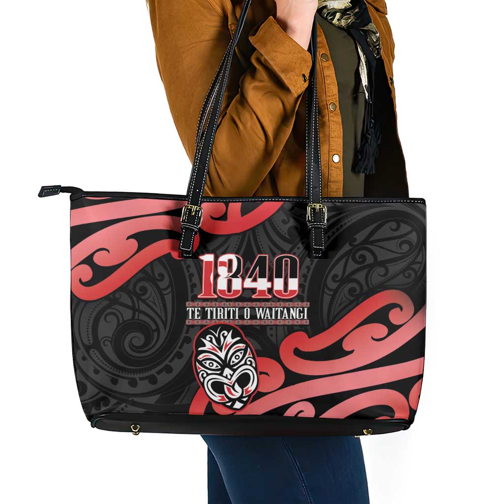 New Zealand 1840 Waitangi Day Leather Tote Bag Aotearoa Haka Mask - Red Version LT14 - Polynesian Pride
