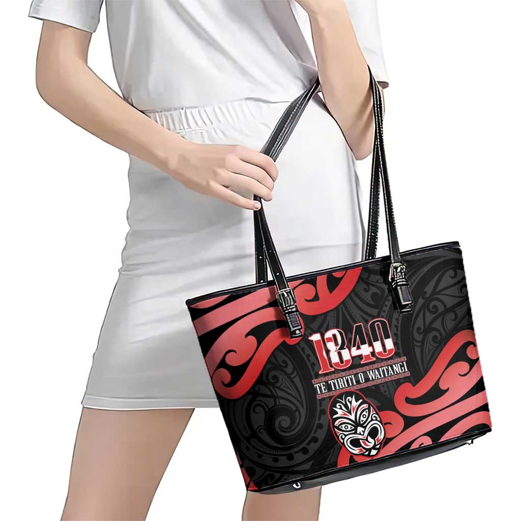 New Zealand 1840 Waitangi Day Leather Tote Bag Aotearoa Haka Mask - Red Version LT14 - Polynesian Pride