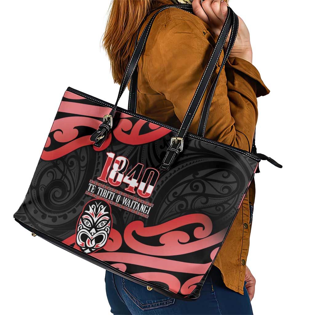 New Zealand 1840 Waitangi Day Leather Tote Bag Aotearoa Haka Mask - Red Version LT14 - Polynesian Pride