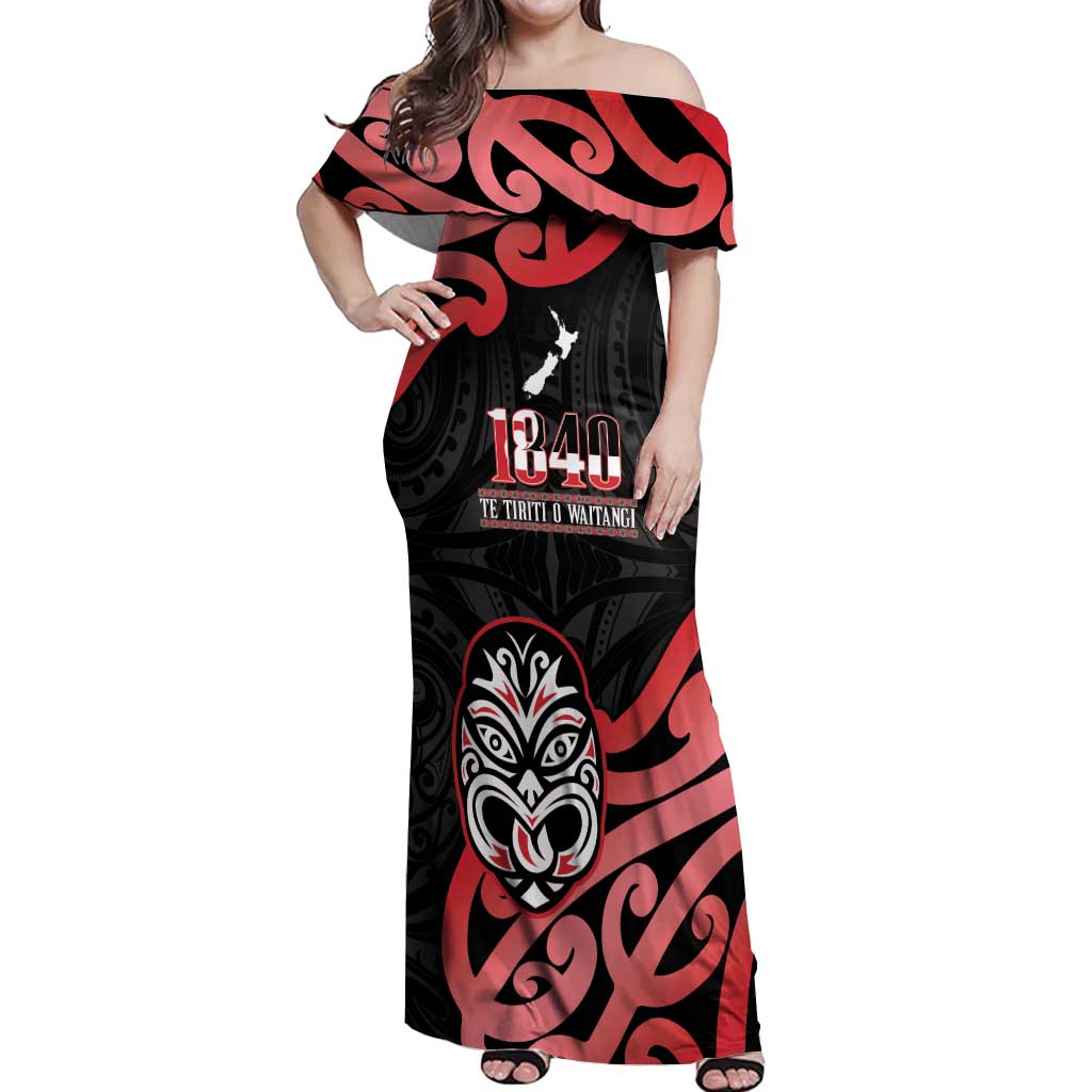 New Zealand 1840 Waitangi Day Off Shoulder Maxi Dress Aotearoa Haka Mask - Red Version