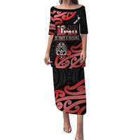 New Zealand 1840 Waitangi Day Puletasi Aotearoa Haka Mask - Red Version LT14 Long Dress Red - Polynesian Pride