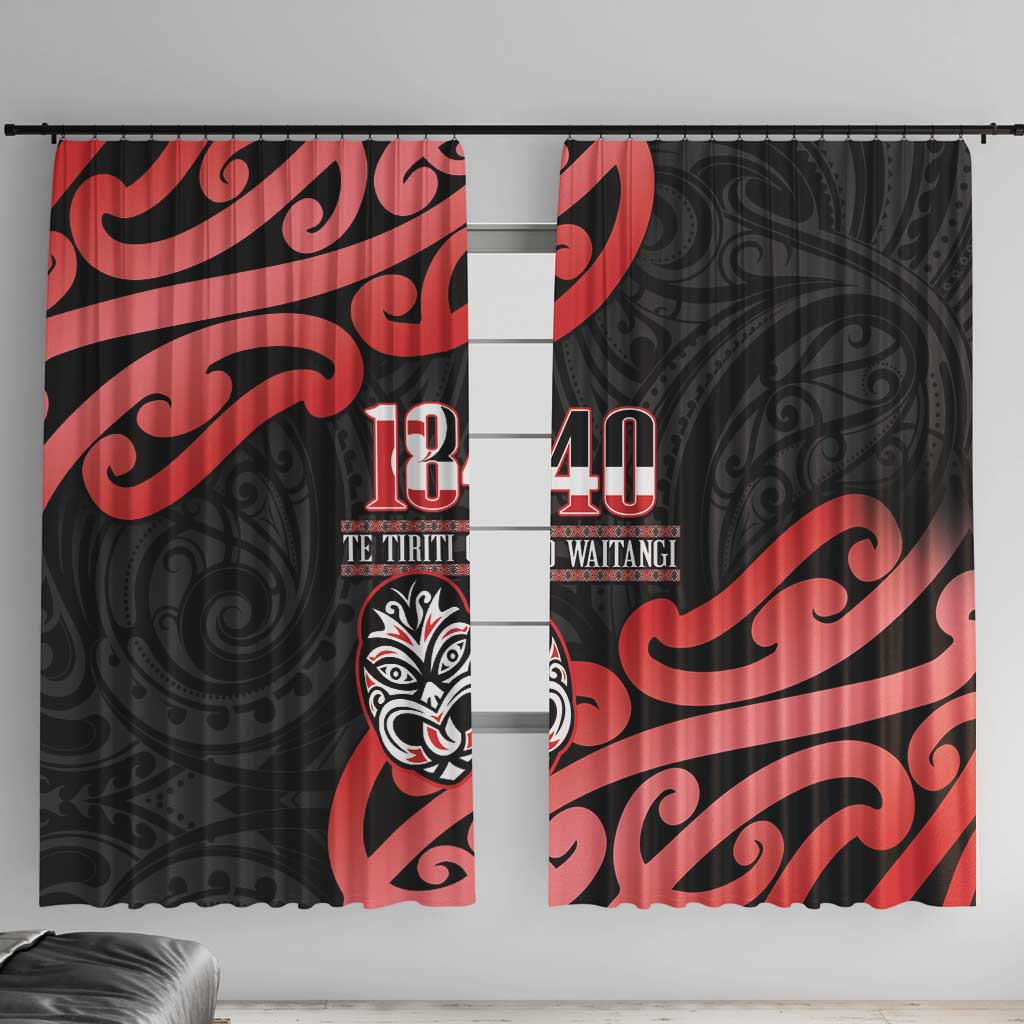 New Zealand 1840 Waitangi Day Window Curtain Aotearoa Haka Mask - Red Version LT14 With Hooks Red - Polynesian Pride