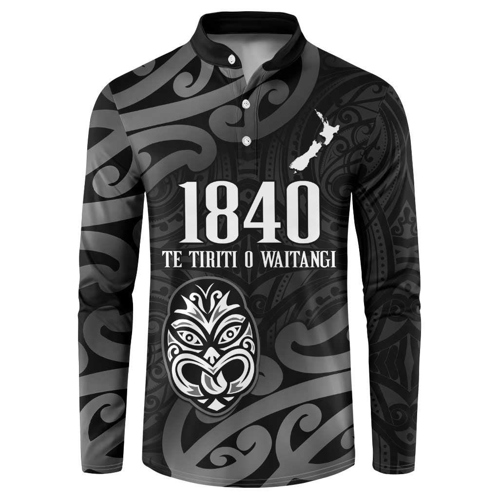 New Zealand 1840 Waitangi Day Button Sweatshirt Aotearoa Haka Mask - Black Version LT14 Black - Polynesian Pride