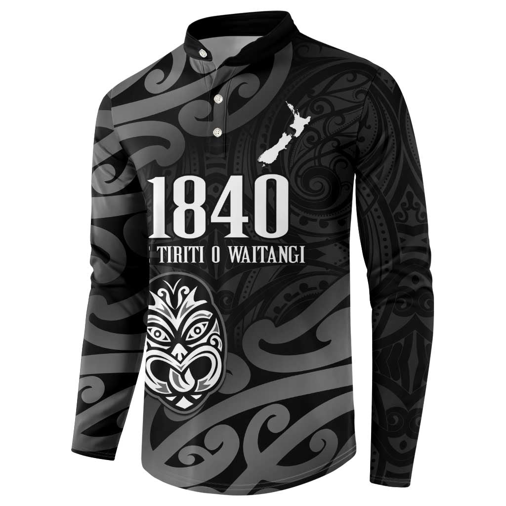 New Zealand 1840 Waitangi Day Button Sweatshirt Aotearoa Haka Mask - Black Version LT14 - Polynesian Pride