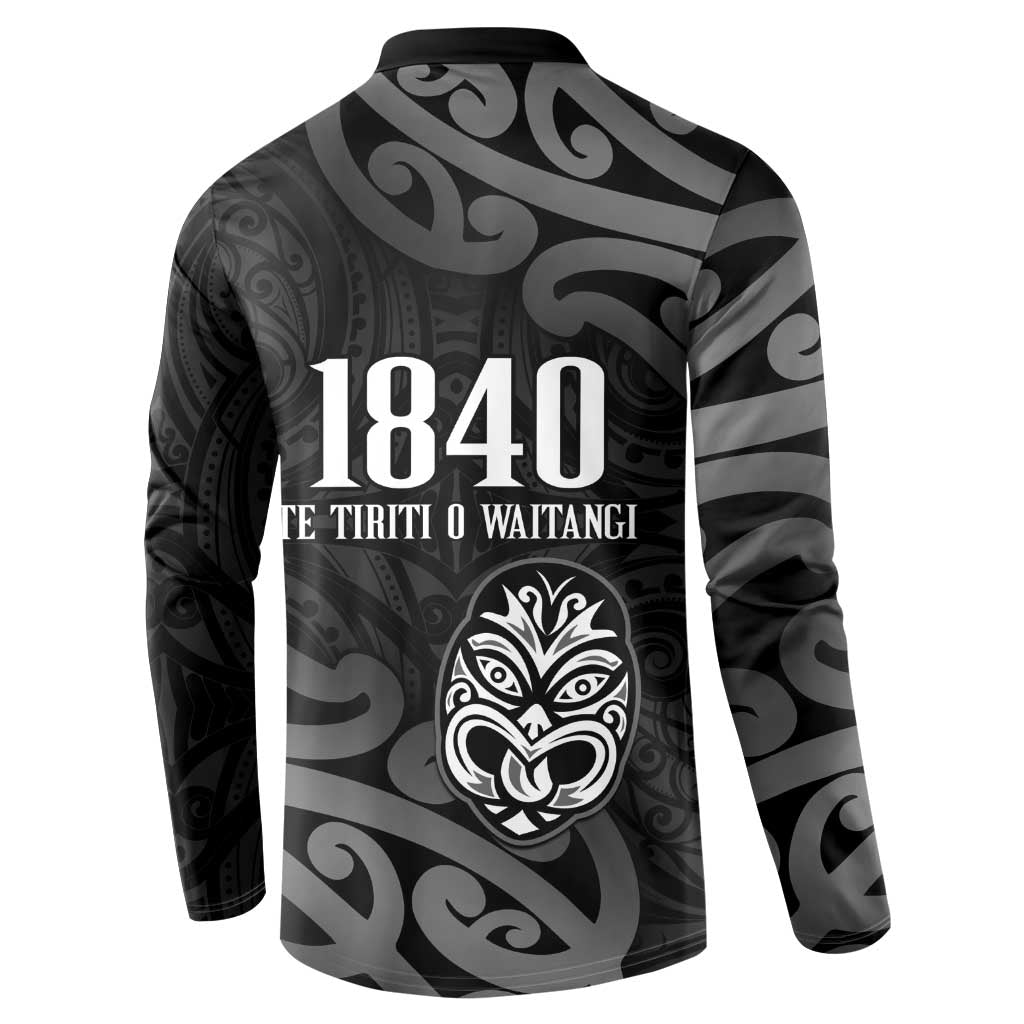 New Zealand 1840 Waitangi Day Button Sweatshirt Aotearoa Haka Mask - Black Version LT14 - Polynesian Pride
