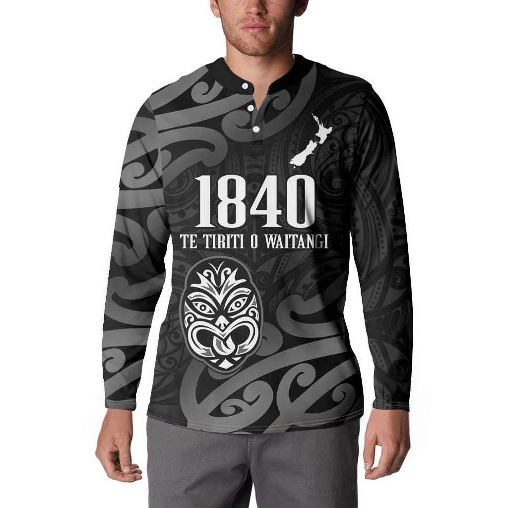 New Zealand 1840 Waitangi Day Button Sweatshirt Aotearoa Haka Mask - Black Version LT14 - Polynesian Pride