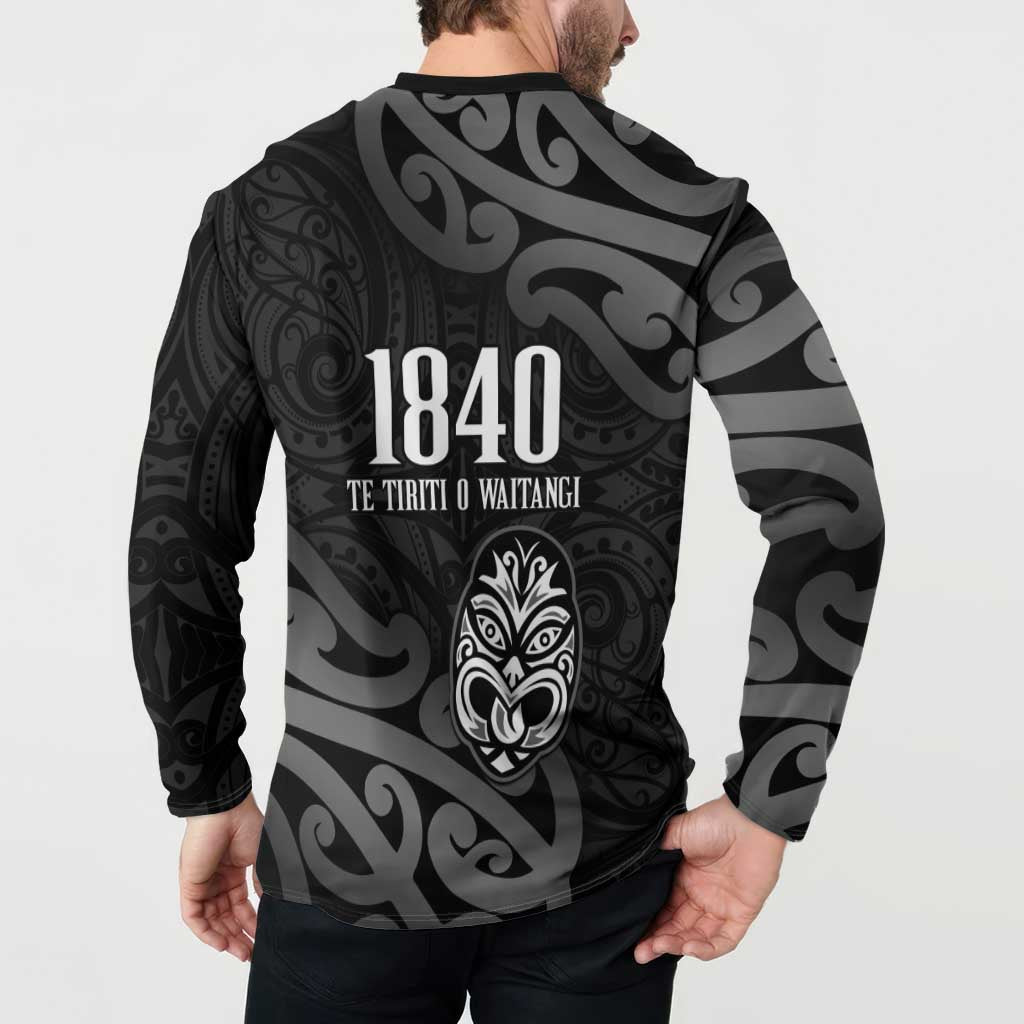 New Zealand 1840 Waitangi Day Button Sweatshirt Aotearoa Haka Mask - Black Version LT14 - Polynesian Pride
