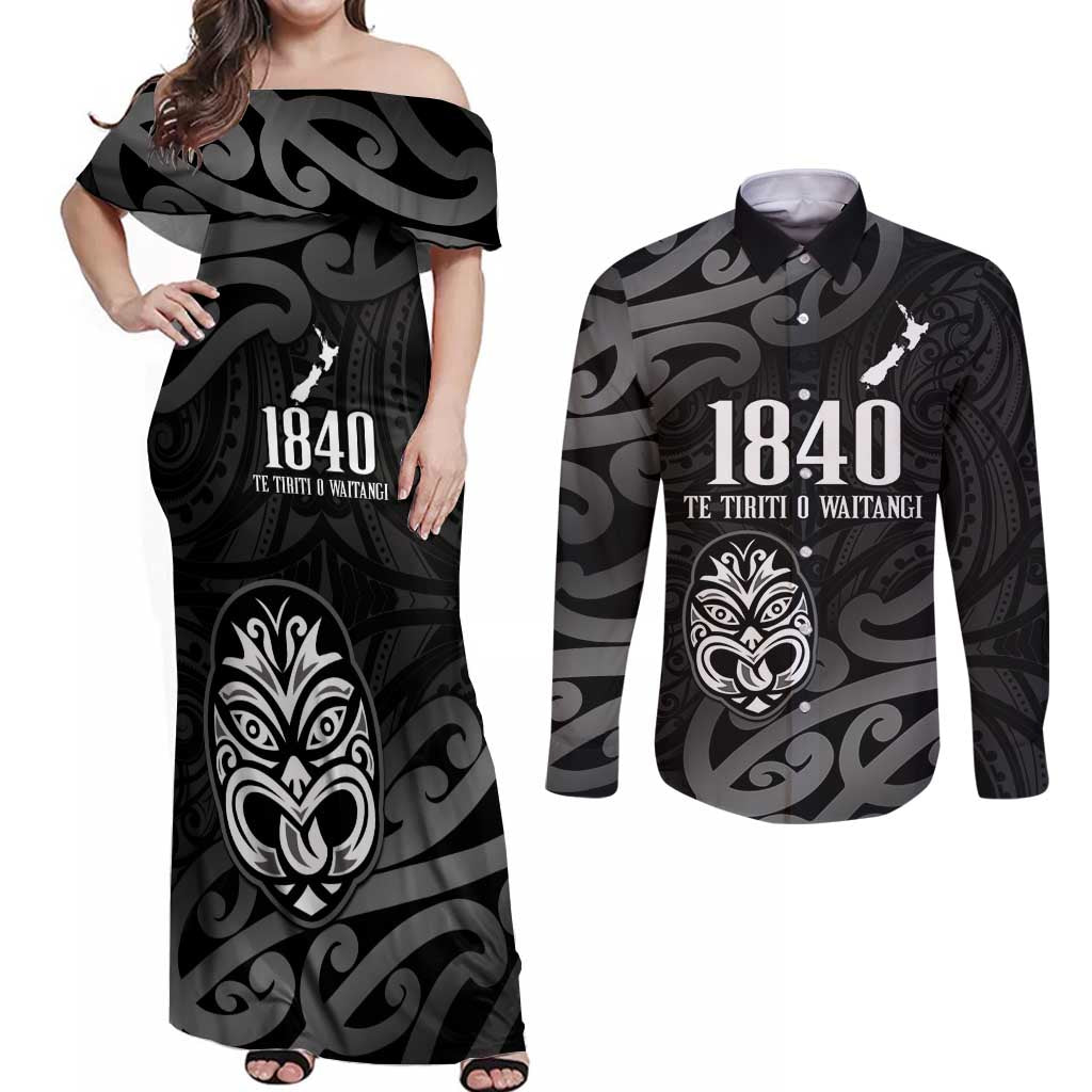 New Zealand 1840 Waitangi Day Couples Matching Off Shoulder Maxi Dress and Long Sleeve Button Shirt Aotearoa Haka Mask - Black Version LT14 Black - Polynesian Pride