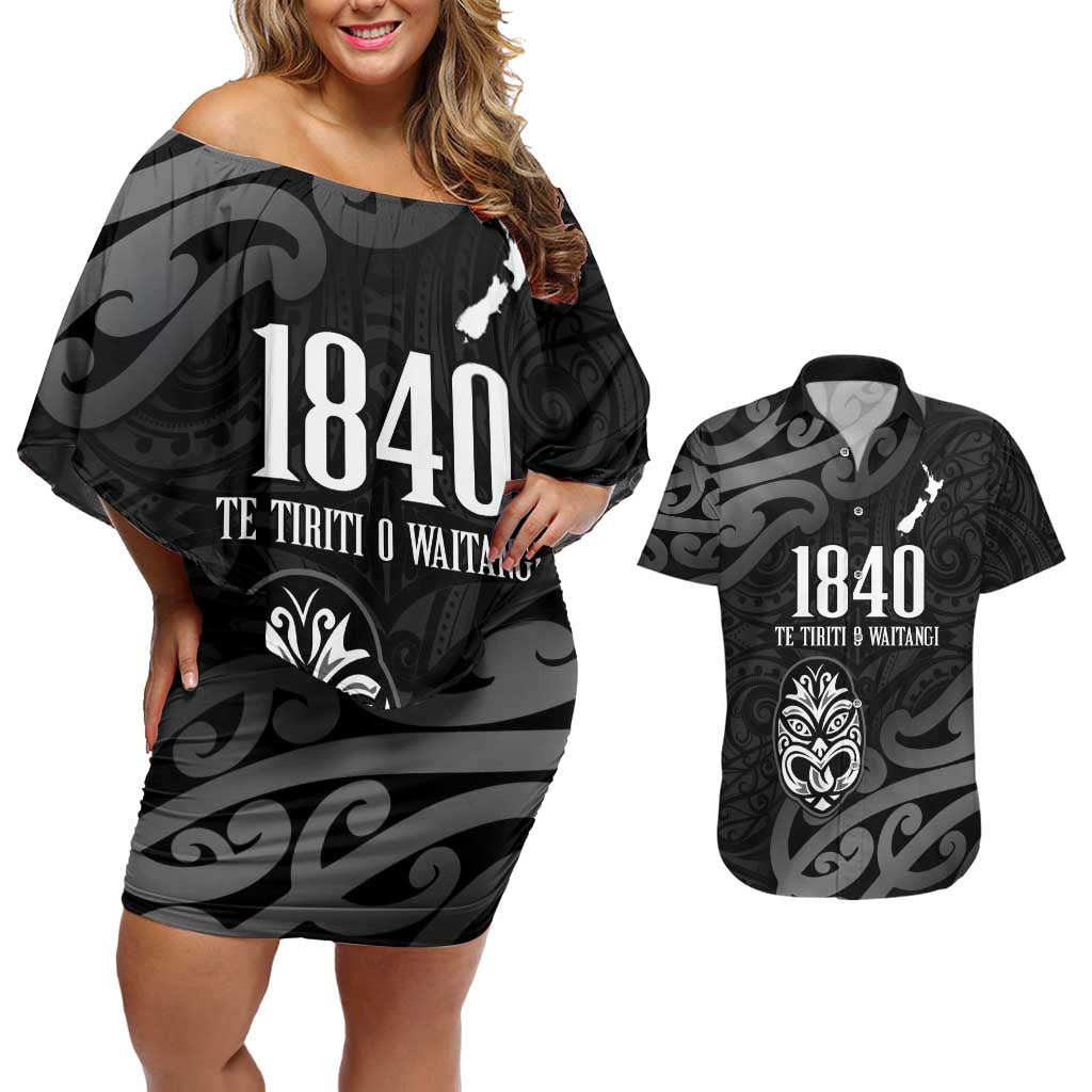 New Zealand 1840 Waitangi Day Couples Matching Off Shoulder Short Dress and Hawaiian Shirt Aotearoa Haka Mask - Black Version LT14 Black - Polynesian Pride