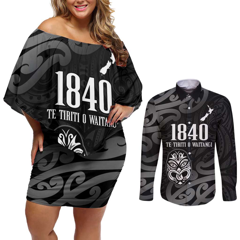 New Zealand 1840 Waitangi Day Couples Matching Off Shoulder Short Dress and Long Sleeve Button Shirt Aotearoa Haka Mask - Black Version LT14 Black - Polynesian Pride