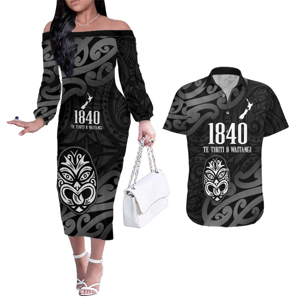 New Zealand 1840 Waitangi Day Couples Matching Off The Shoulder Long Sleeve Dress and Hawaiian Shirt Aotearoa Haka Mask - Black Version