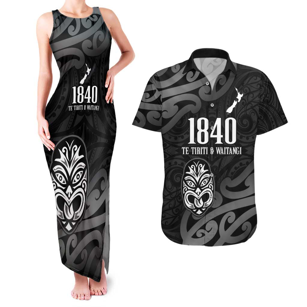 New Zealand 1840 Waitangi Day Couples Matching Tank Maxi Dress and Hawaiian Shirt Aotearoa Haka Mask - Black Version LT14 Black - Polynesian Pride