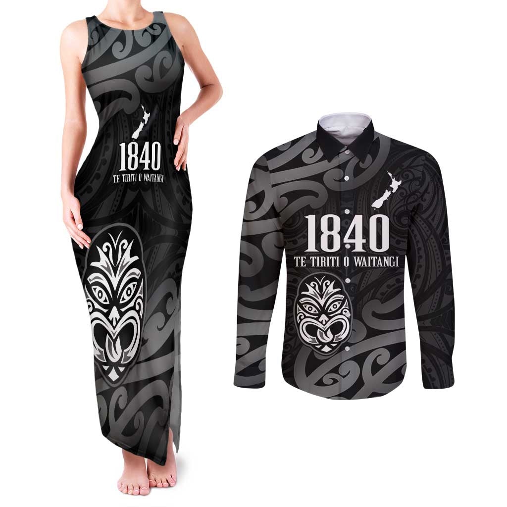 New Zealand 1840 Waitangi Day Couples Matching Tank Maxi Dress and Long Sleeve Button Shirt Aotearoa Haka Mask - Black Version LT14 Black - Polynesian Pride