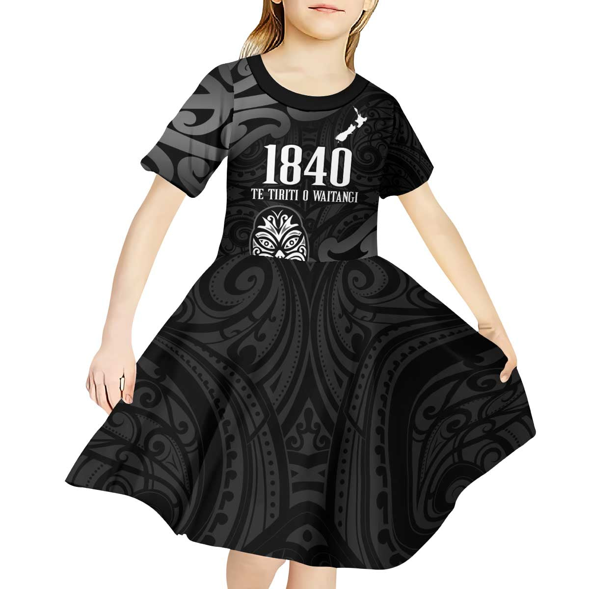 New Zealand 1840 Waitangi Day Kid Short Sleeve Dress Aotearoa Haka Mask - Black Version
