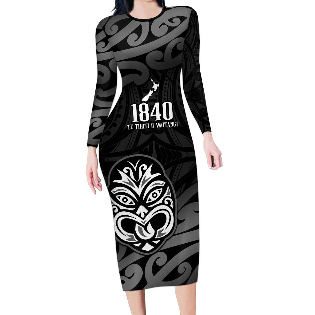 New Zealand 1840 Waitangi Day Long Sleeve Bodycon Dress Aotearoa Haka Mask - Black Version