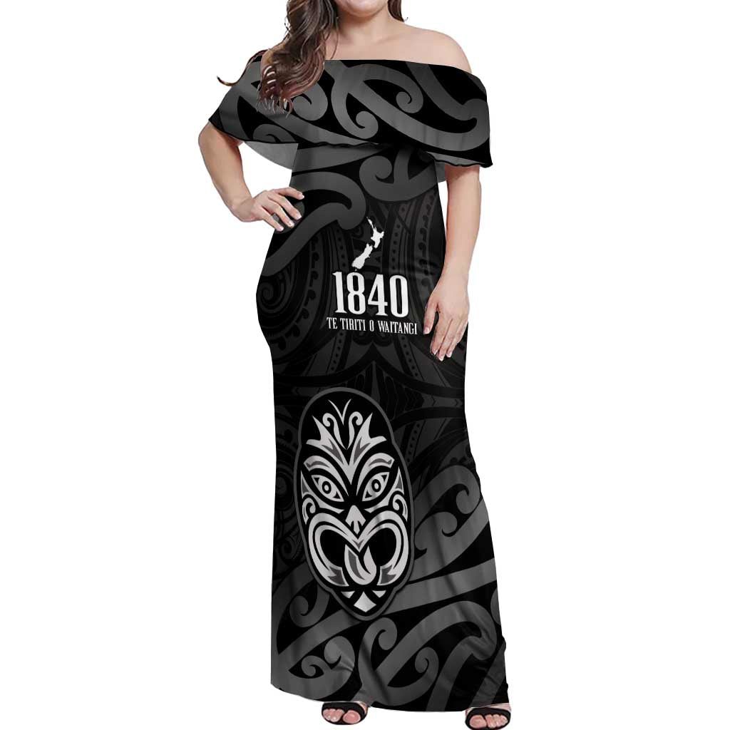 New Zealand 1840 Waitangi Day Off Shoulder Maxi Dress Aotearoa Haka Mask - Black Version