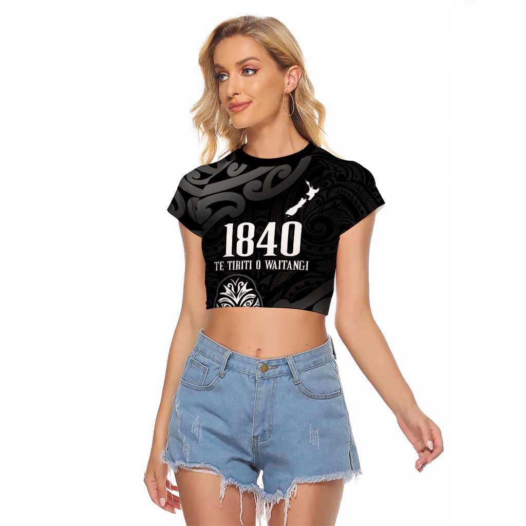 New Zealand 1840 Waitangi Day Raglan Cropped T Shirt Aotearoa Haka Mask - Black Version LT14 Female Black - Polynesian Pride