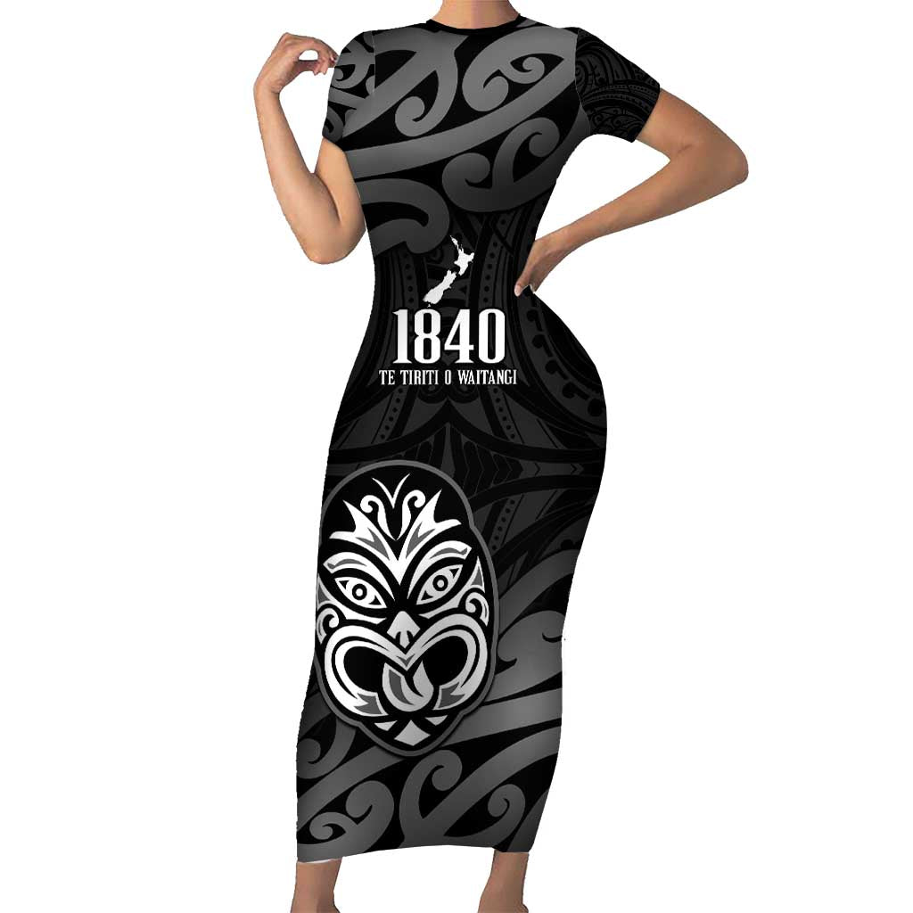 New Zealand 1840 Waitangi Day Short Sleeve Bodycon Dress Aotearoa Haka Mask - Black Version