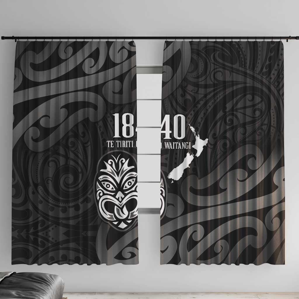 New Zealand 1840 Waitangi Day Window Curtain Aotearoa Haka Mask - Black Version LT14 With Hooks Black - Polynesian Pride