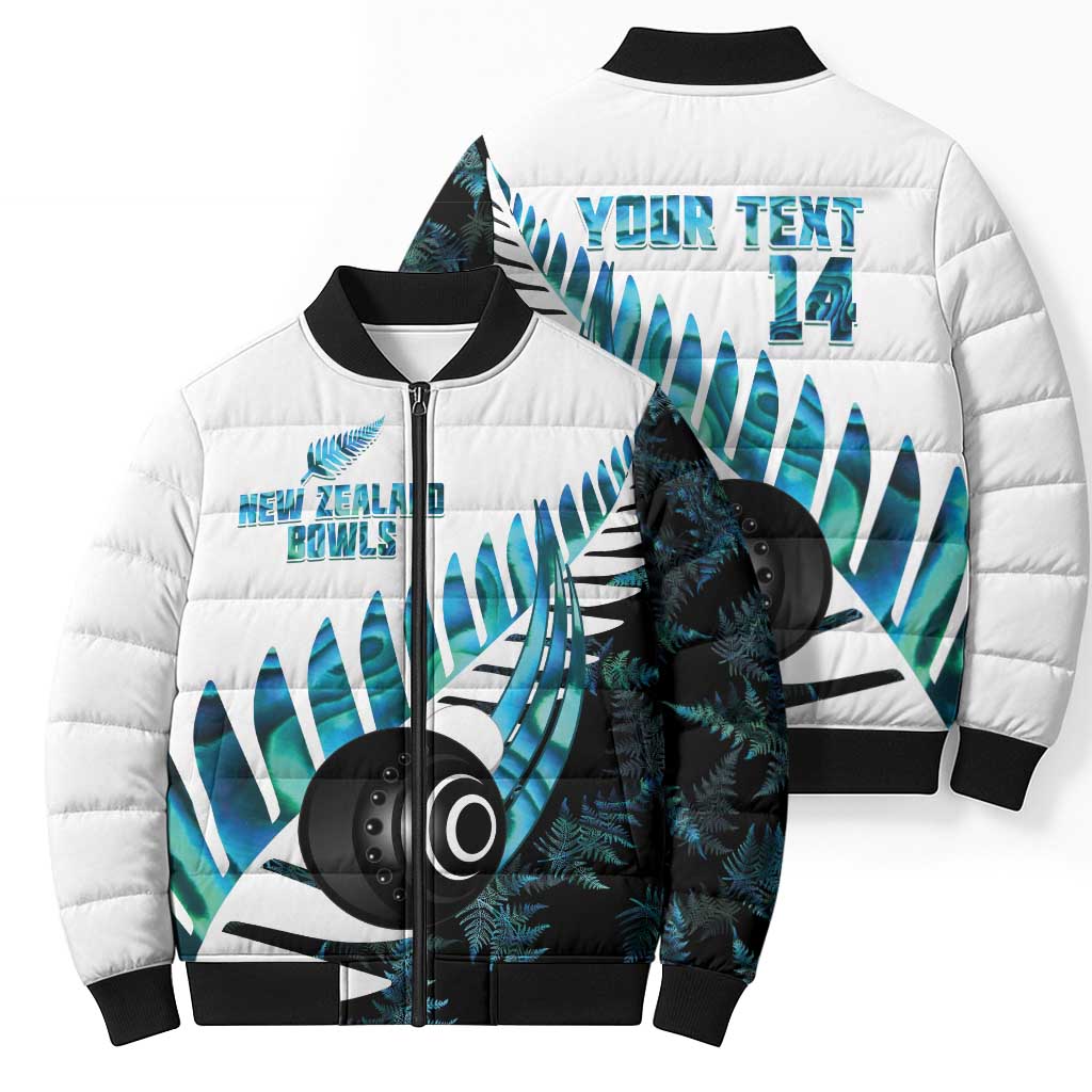 New Zealand Lawn Bowls Custom Bomber Puffer Jacket Aotearoa Silver Fern Paua Shell - Polynesian Pride