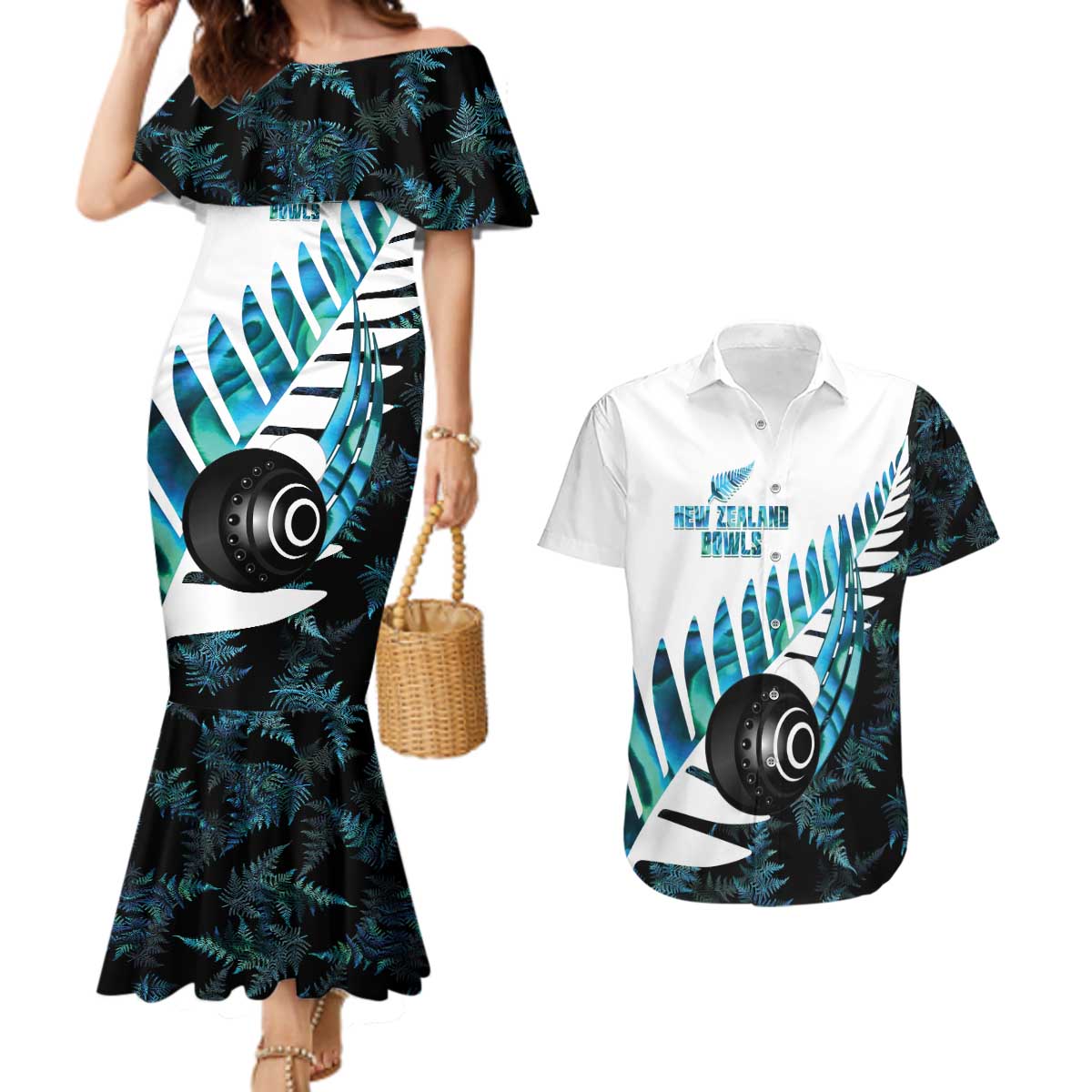 New Zealand Lawn Bowls Custom Couples Matching Mermaid Dress and Hawaiian Shirt Aotearoa Silver Fern Paua Shell - Polynesian Pride