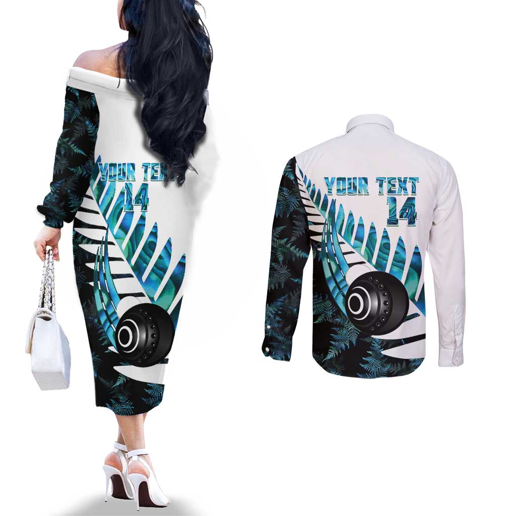 New Zealand Lawn Bowls Custom Couples Matching Off The Shoulder Long Sleeve Dress and Long Sleeve Button Shirt Aotearoa Silver Fern Paua Shell - Polynesian Pride