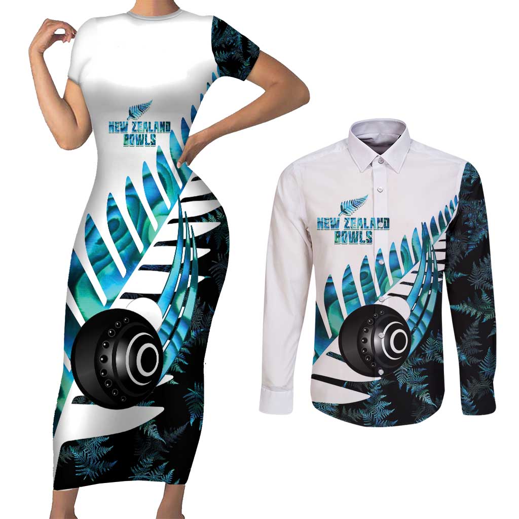 New Zealand Lawn Bowls Custom Couples Matching Short Sleeve Bodycon Dress and Long Sleeve Button Shirt Aotearoa Silver Fern Paua Shell - Polynesian Pride