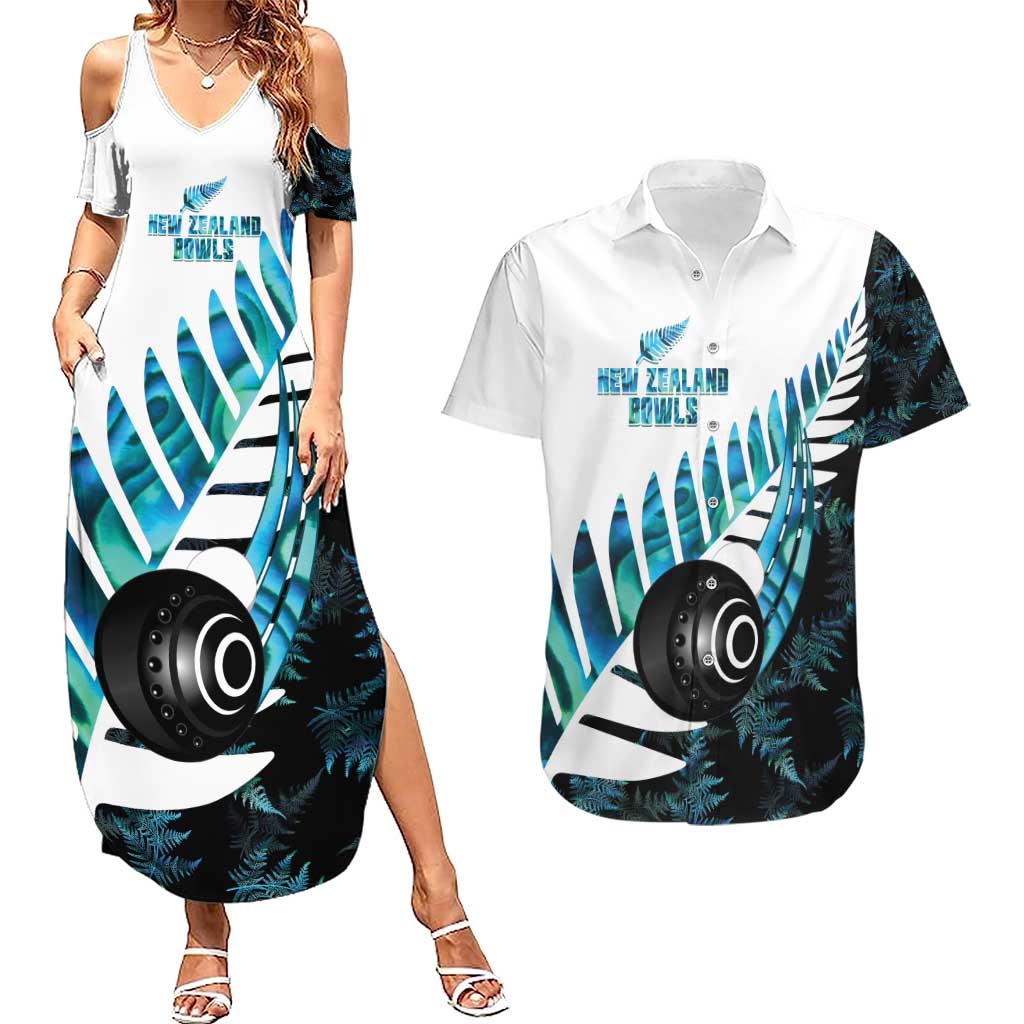 New Zealand Lawn Bowls Custom Couples Matching Summer Maxi Dress and Hawaiian Shirt Aotearoa Silver Fern Paua Shell - Polynesian Pride