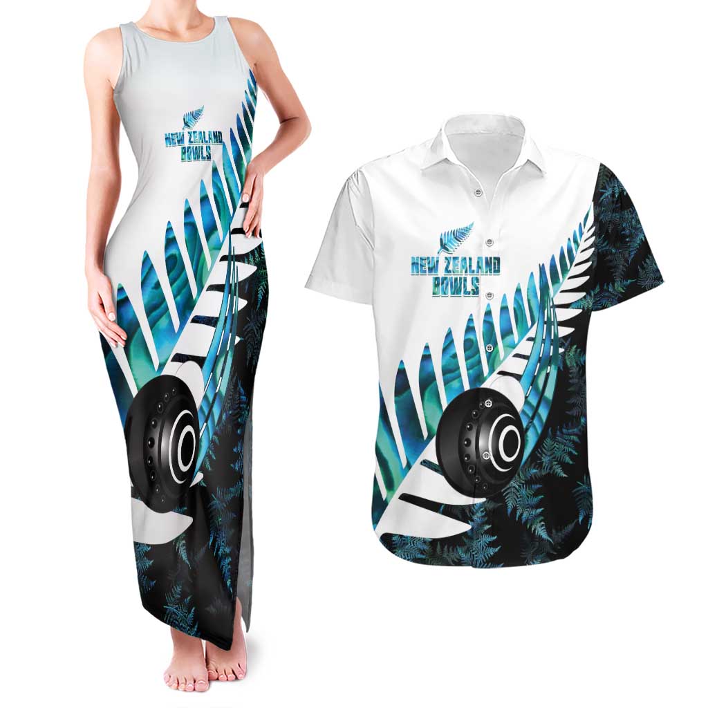 New Zealand Lawn Bowls Custom Couples Matching Tank Maxi Dress and Hawaiian Shirt Aotearoa Silver Fern Paua Shell - Polynesian Pride