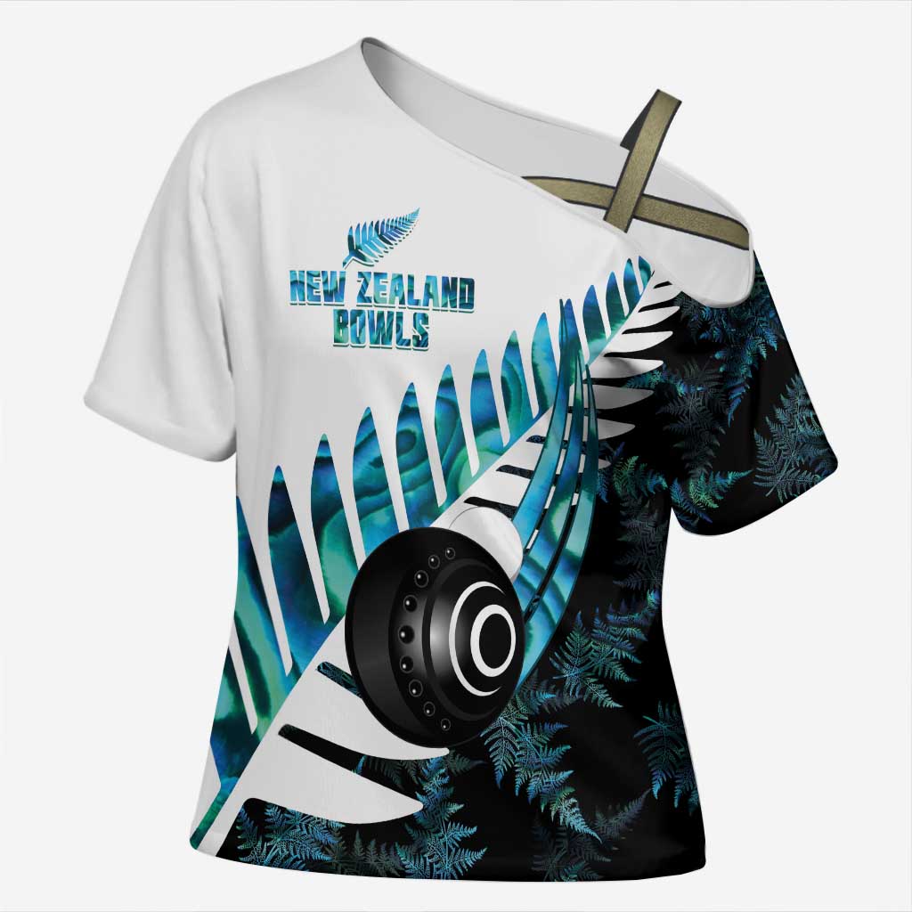 New Zealand Lawn Bowls Custom Cross Shoulder Shirt Aotearoa Silver Fern Paua Shell - Polynesian Pride