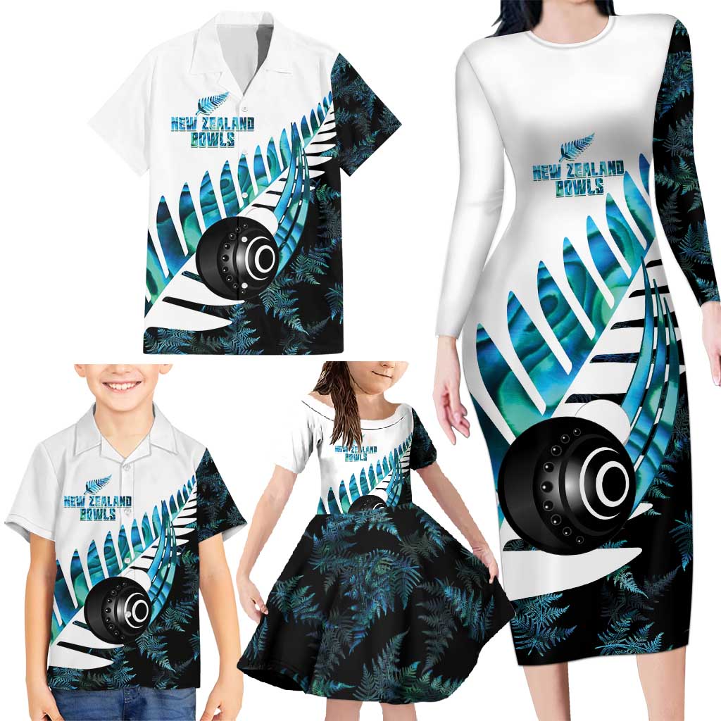 New Zealand Lawn Bowls Custom Family Matching Long Sleeve Bodycon Dress and Hawaiian Shirt Aotearoa Silver Fern Paua Shell - Polynesian Pride