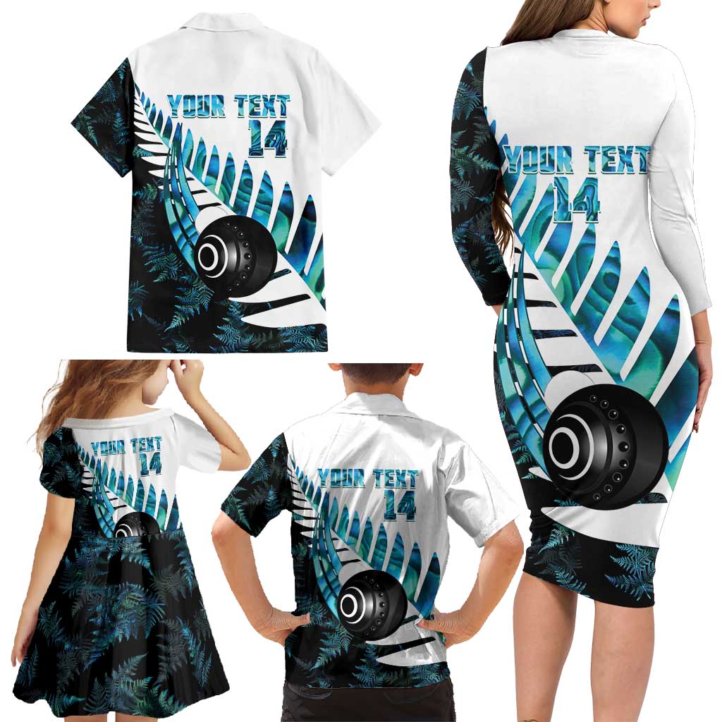 New Zealand Lawn Bowls Custom Family Matching Long Sleeve Bodycon Dress and Hawaiian Shirt Aotearoa Silver Fern Paua Shell - Polynesian Pride