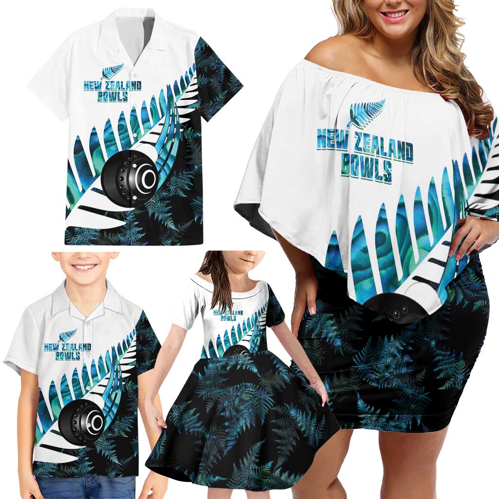 New Zealand Lawn Bowls Custom Family Matching Off Shoulder Short Dress and Hawaiian Shirt Aotearoa Silver Fern Paua Shell - Polynesian Pride