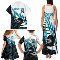 New Zealand Lawn Bowls Custom Family Matching Tank Maxi Dress and Hawaiian Shirt Aotearoa Silver Fern Paua Shell - Polynesian Pride