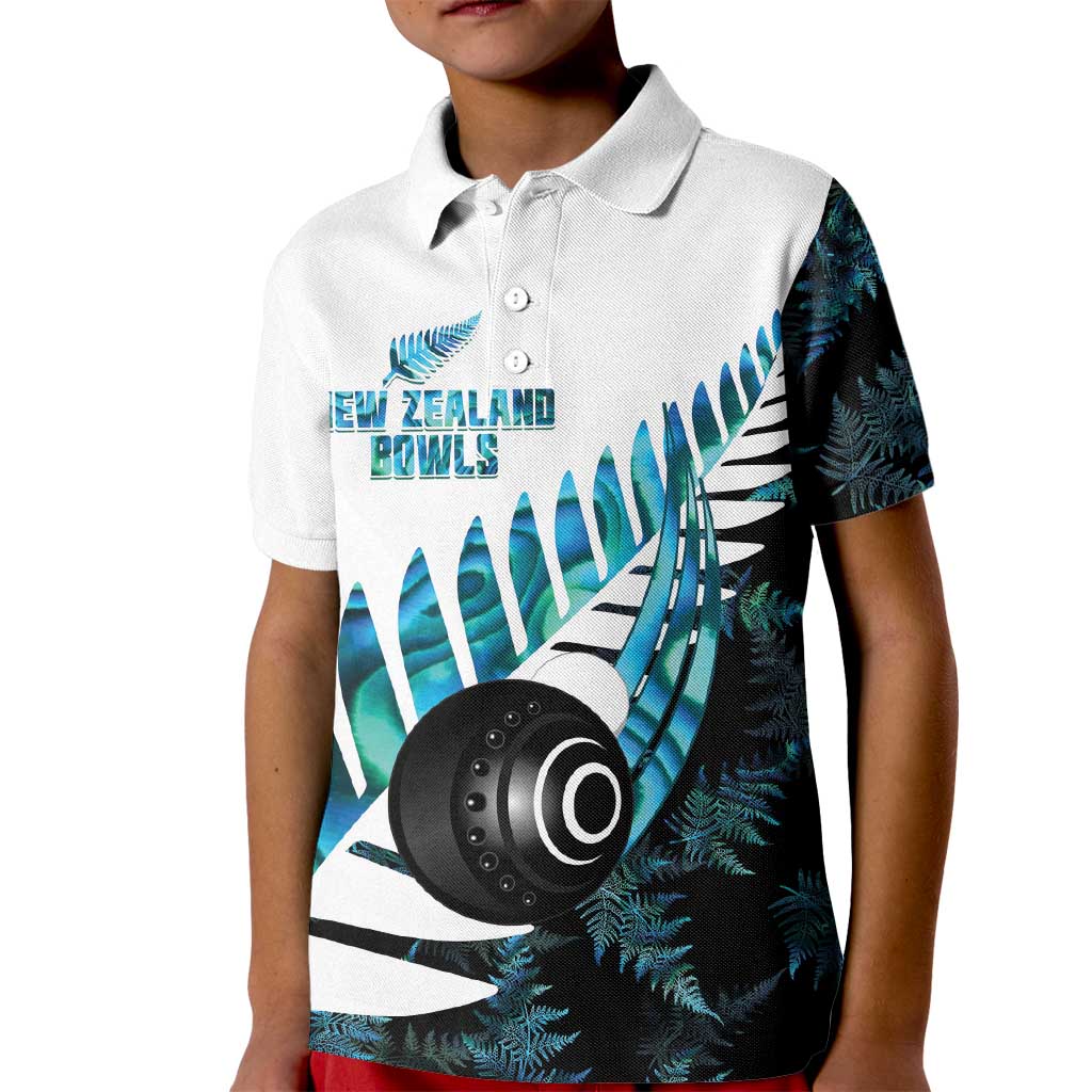 New Zealand Lawn Bowls Custom Kid Polo Shirt Aotearoa Silver Fern Paua Shell - Polynesian Pride